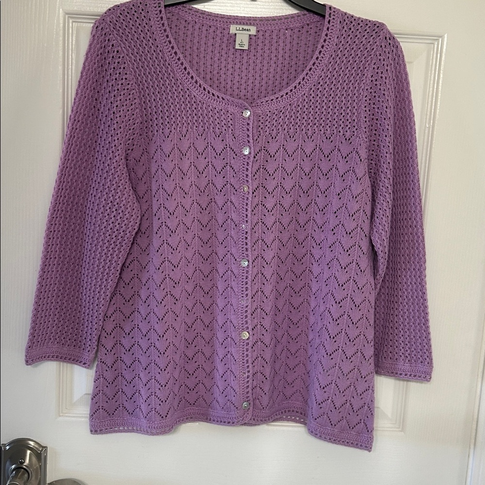 L.L. Bean Linen Blend Crocheted Button Down Cardigan vintage lilacs LP